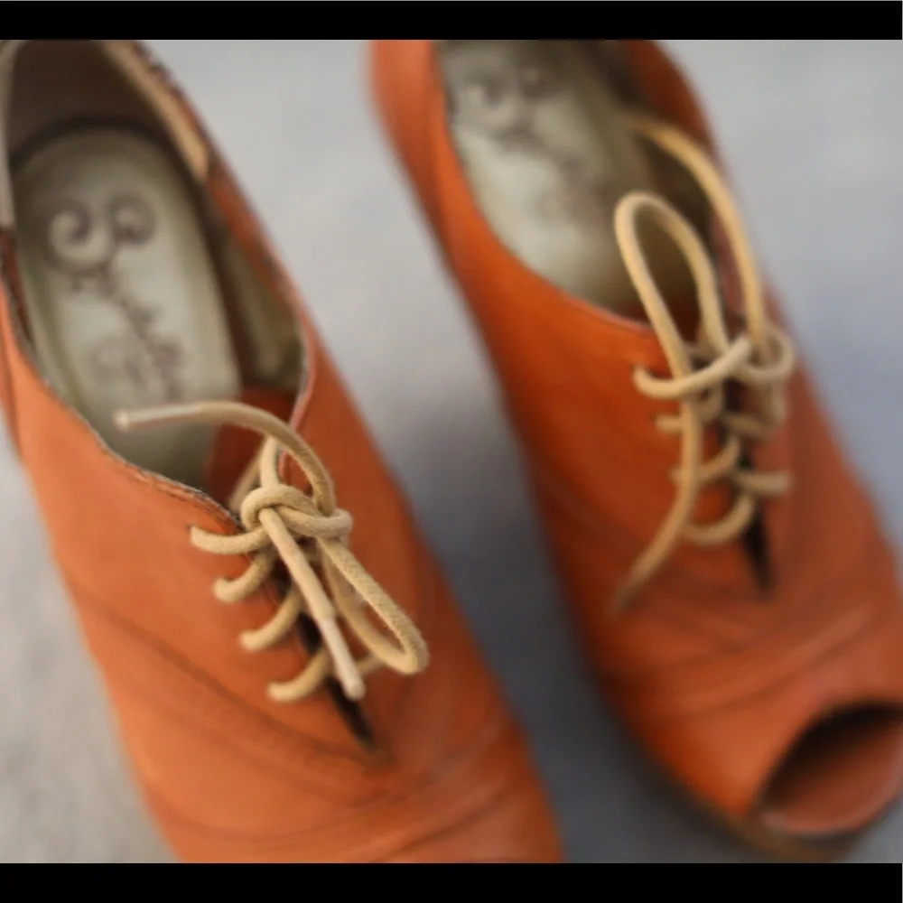 Anthropologie Tan Orange Suede Lace-Up Peep-Toe Wedges